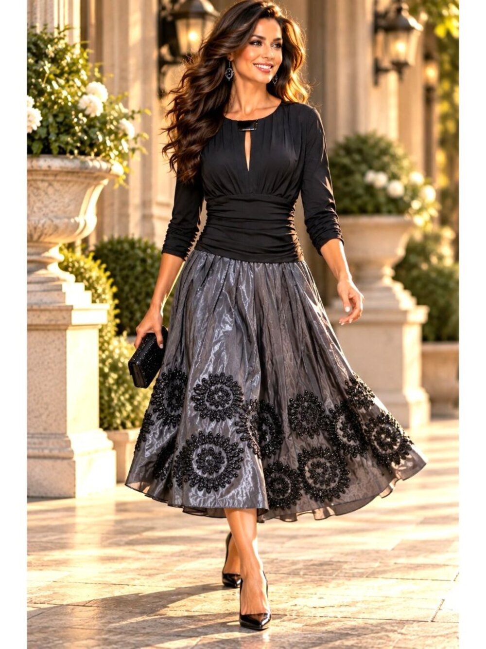 SL Fashions Black Gray Midi Dress Size 12 Three Quarter Sleeve Embellished Waist